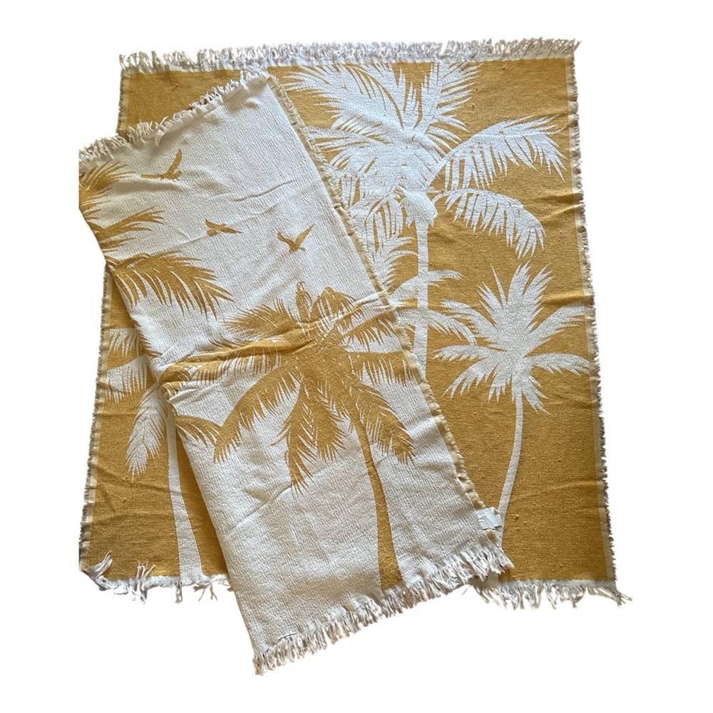 Tropical Palm Tree Throw Blanket Set of 2  - Mustard Yellow Gold and White Cream